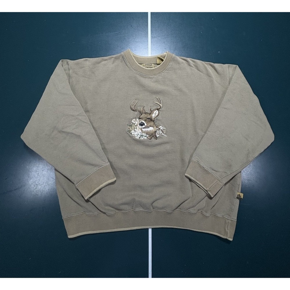 Vintage 90s Deer Crewneck Sweatshirt Men's XL Tan Brown Buck Embroidered Outdoor
